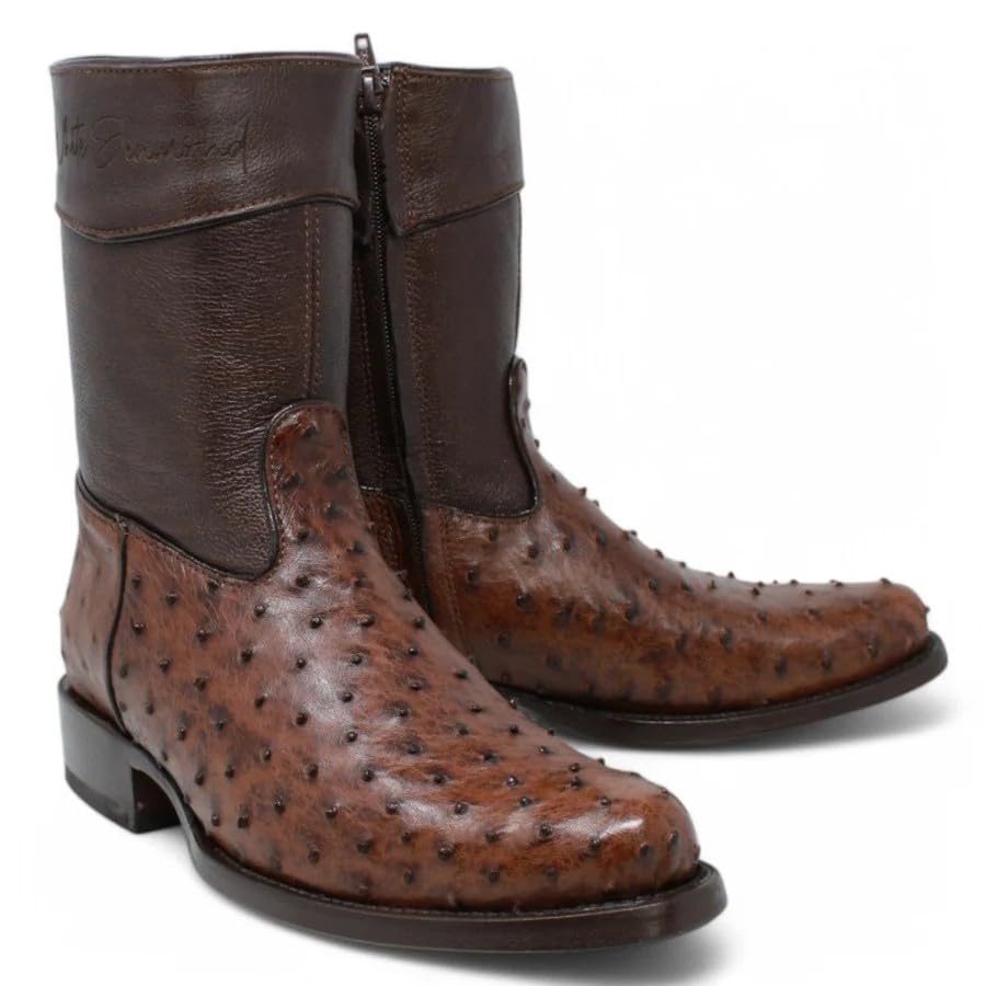 Brown Ostrich Skin Western Cowboy Boots with Zipper T301728