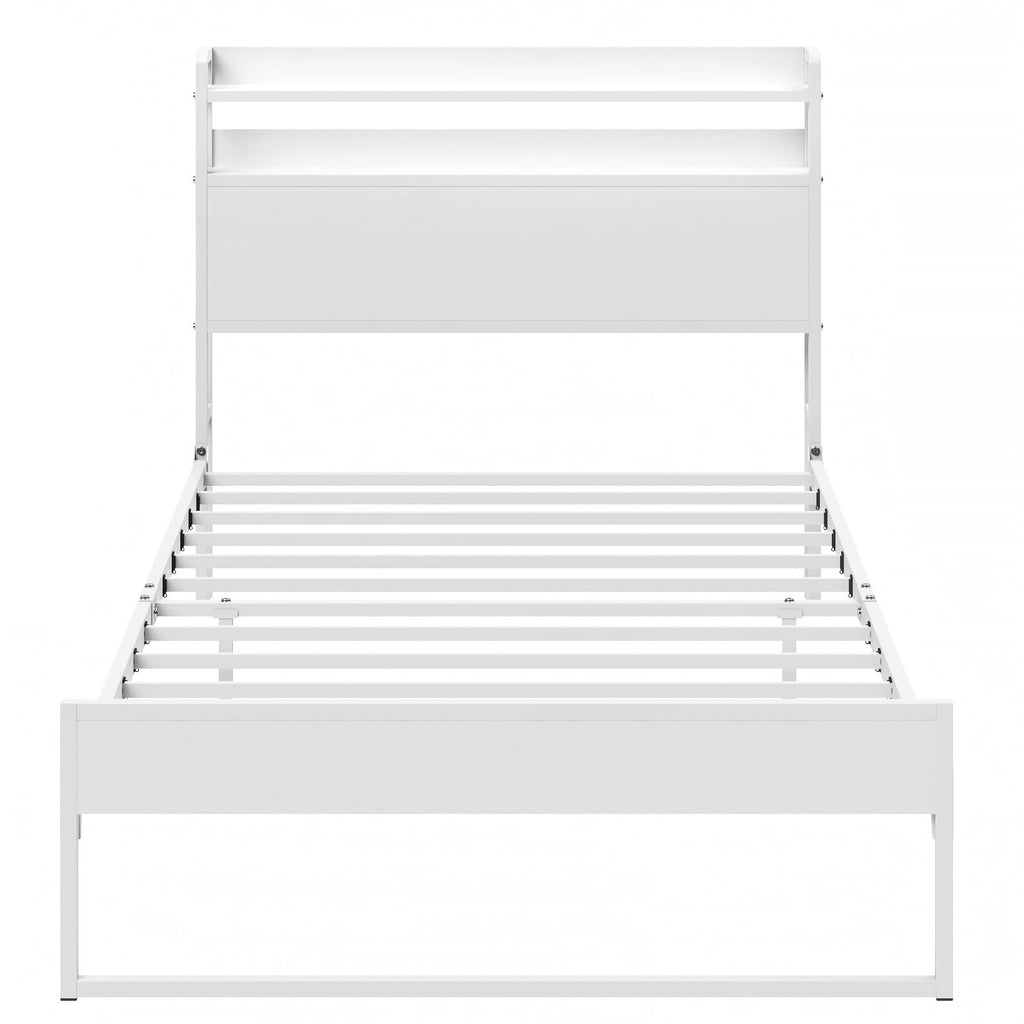 White Metal Twin Bed Frame with 2-Tier Storage Headboard H45689