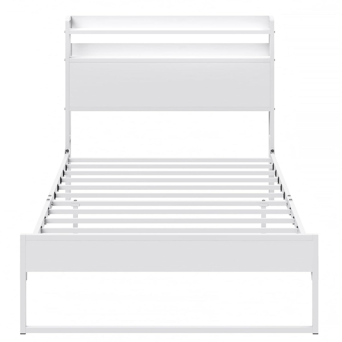 White Metal Twin Bed Frame with 2-Tier Storage Headboard H45689