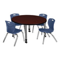 36" Round Mobile Mahogany Table with 4 Navy Blue Stack Chairs G7862
