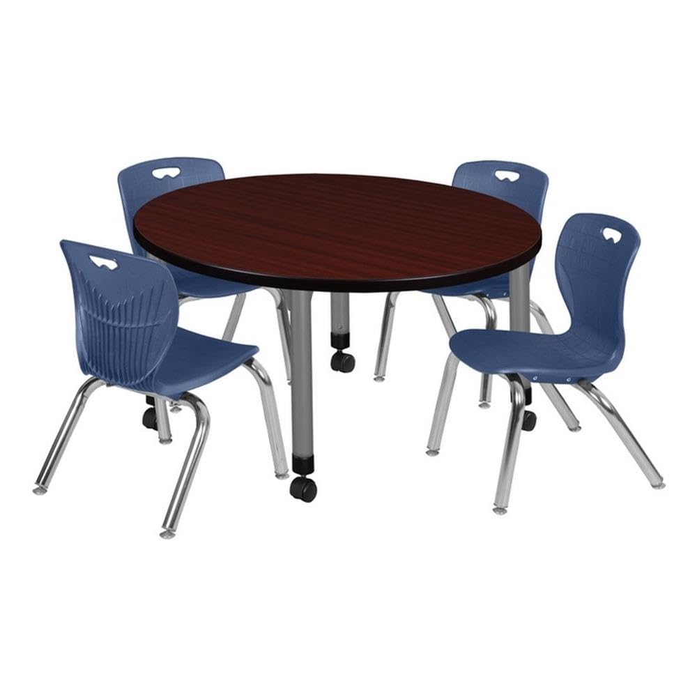 36" Round Mobile Mahogany Table with 4 Navy Blue Stack Chairs G7862