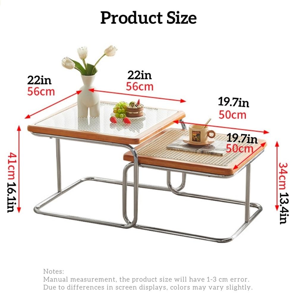 Square Nesting Coffee Table Set of 2 Wooden Rattan Glass Brown C2398
