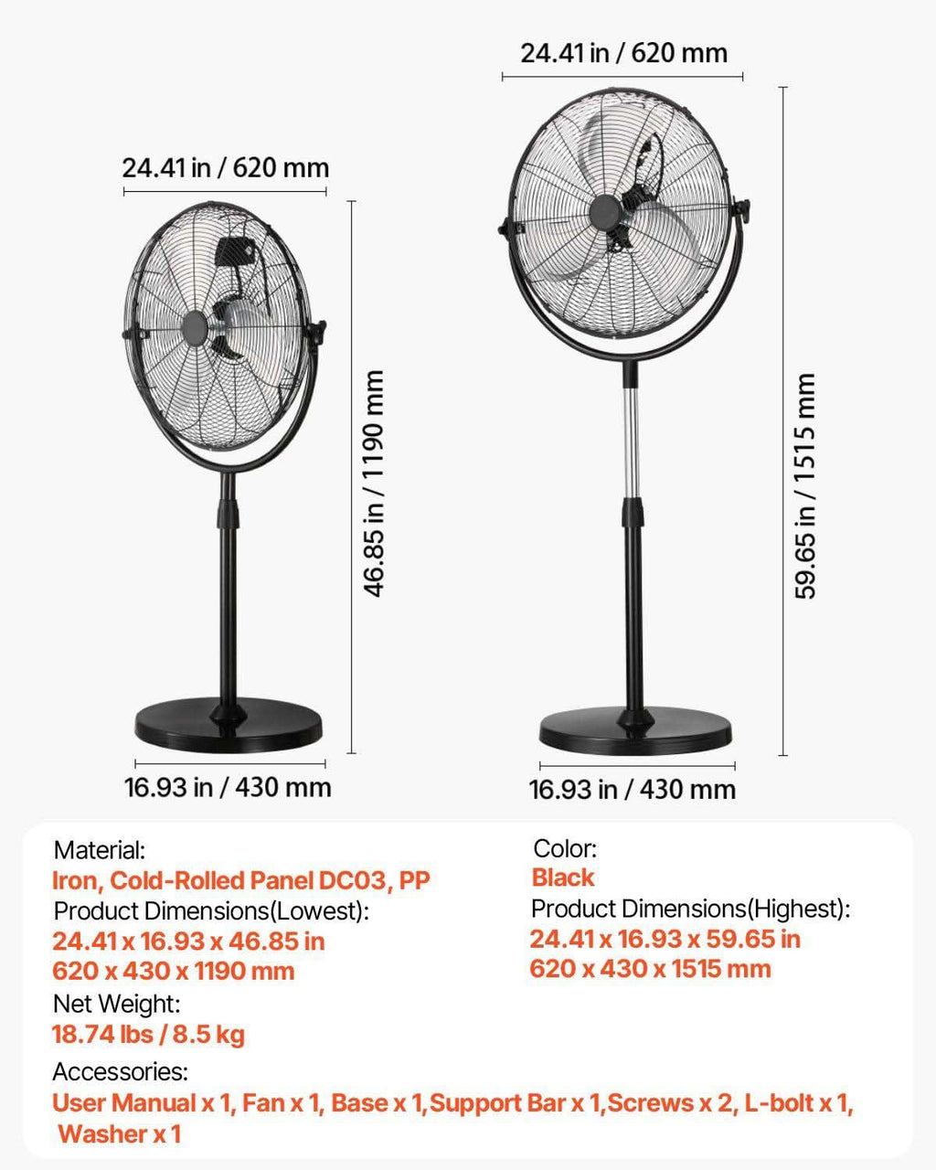 20 Inch 3 Speed Adjustable Height Pedestal Fan C5554