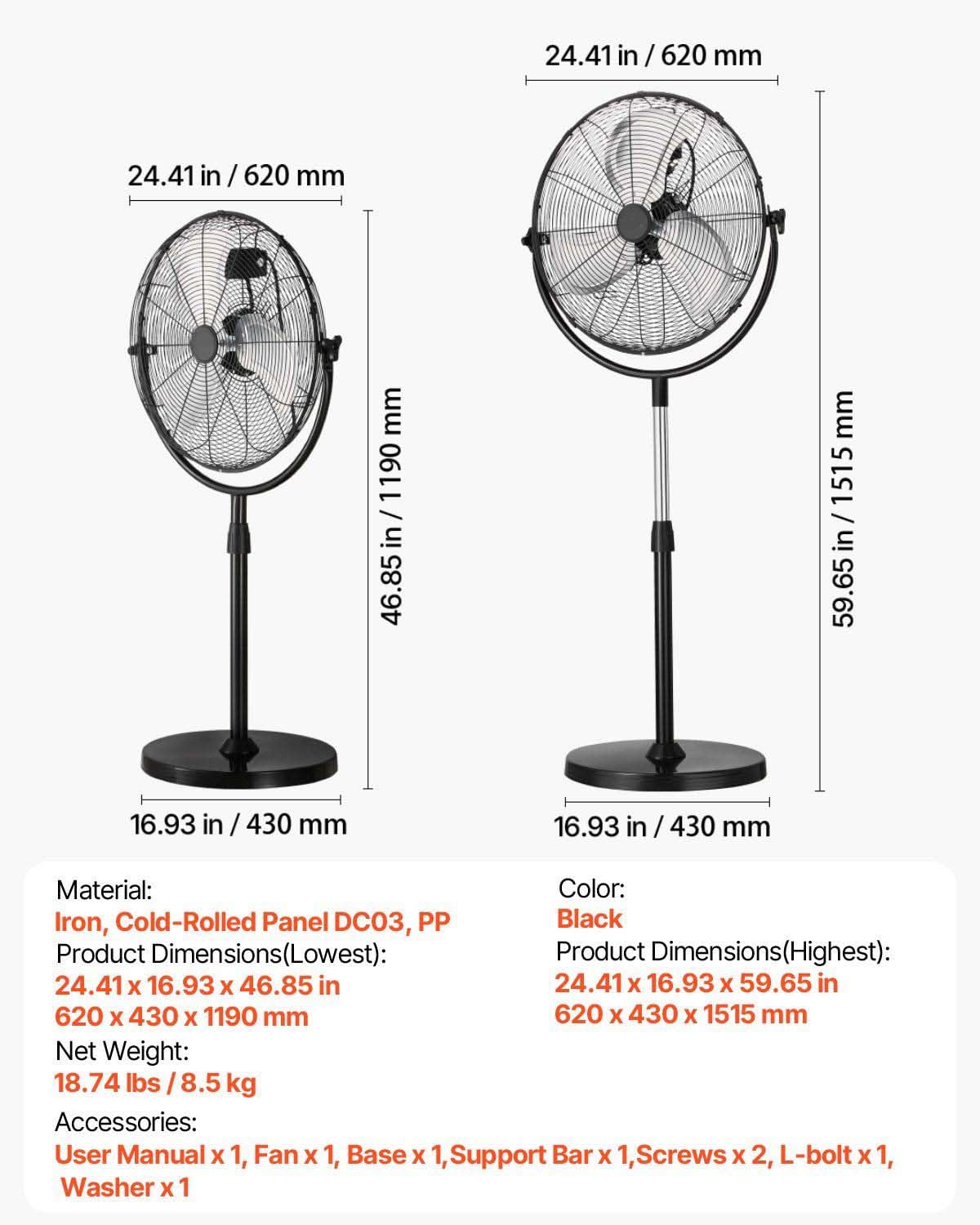 20 Inch 3 Speed Adjustable Height Pedestal Fan C5554