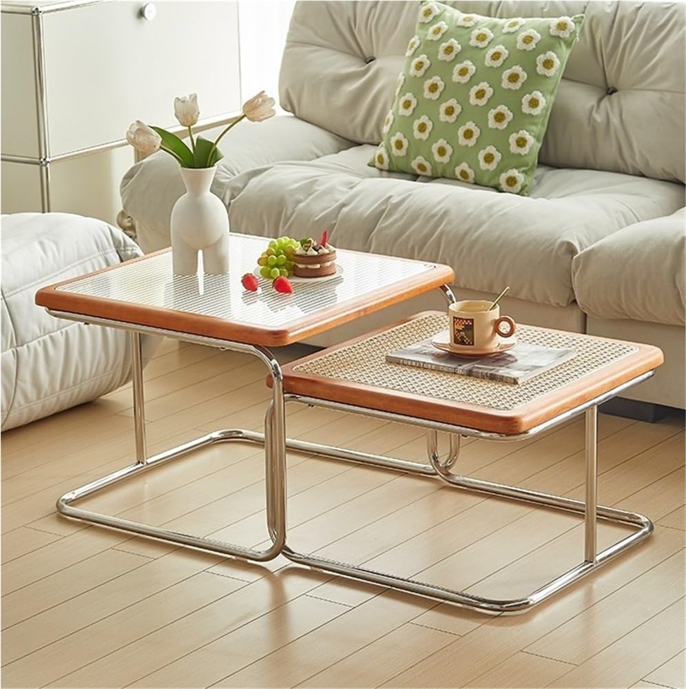 Square Nesting Coffee Table Set of 2 Wooden Rattan Glass Brown C2398