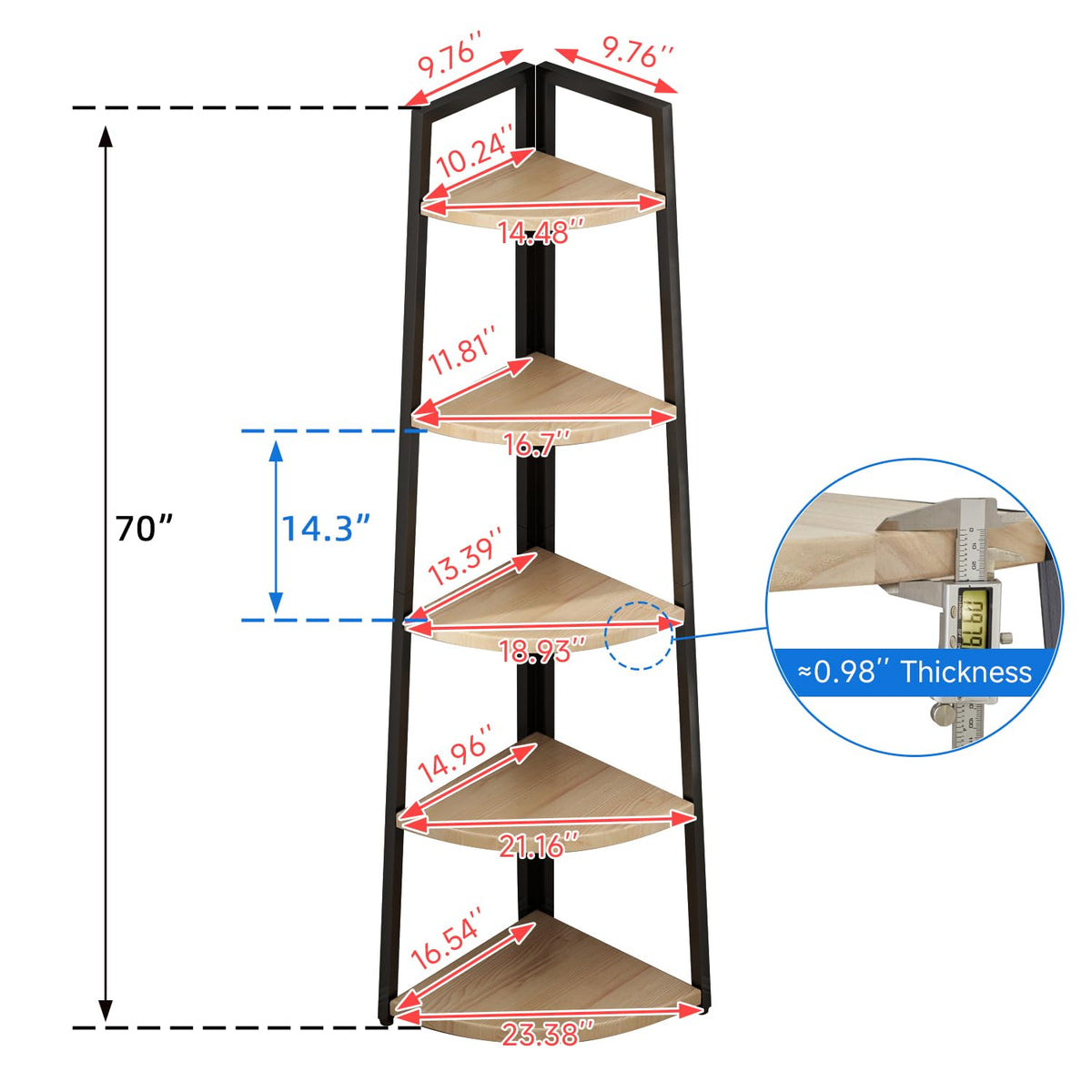 70 inch Solid Wood 5 Tier Corner Bookshelf V58327
