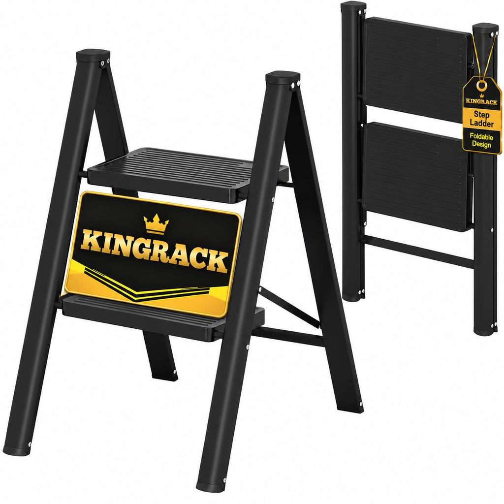 2 Step Folding Ladder with Non-Slip Wide Pedals and Safety Lock, Black J5243