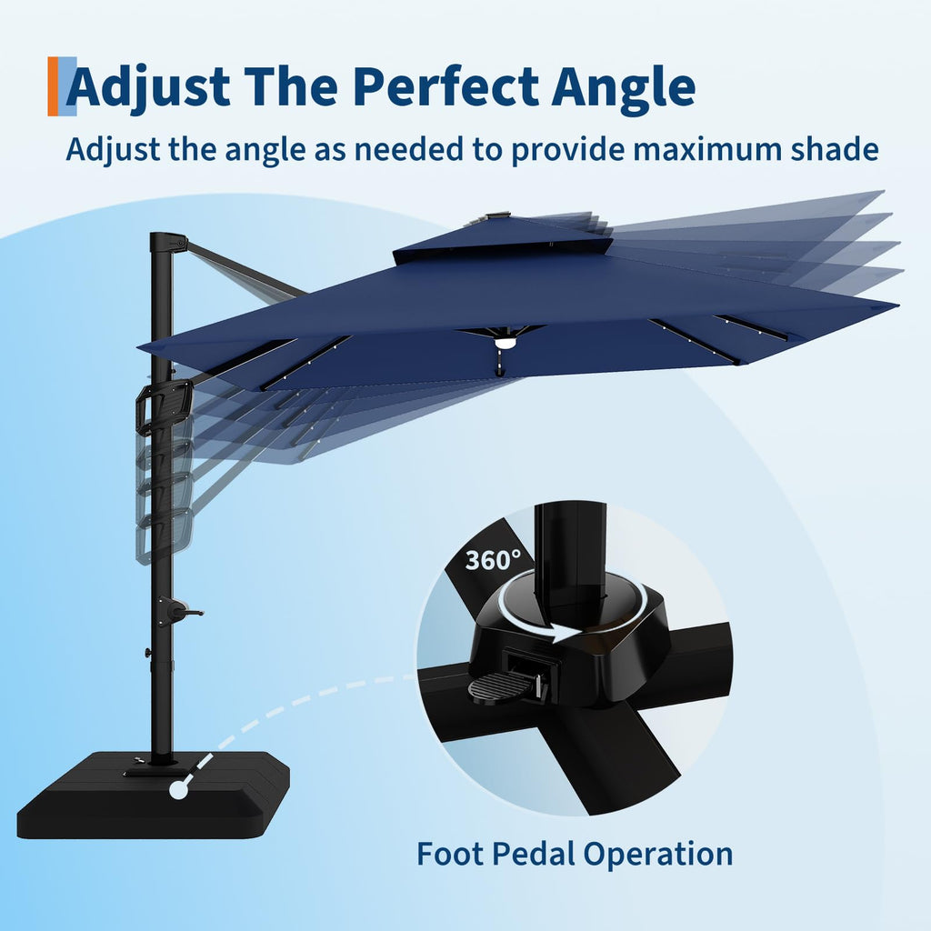 10 ft Navy Blue Solar Cantilever Patio Umbrella with Base C6350