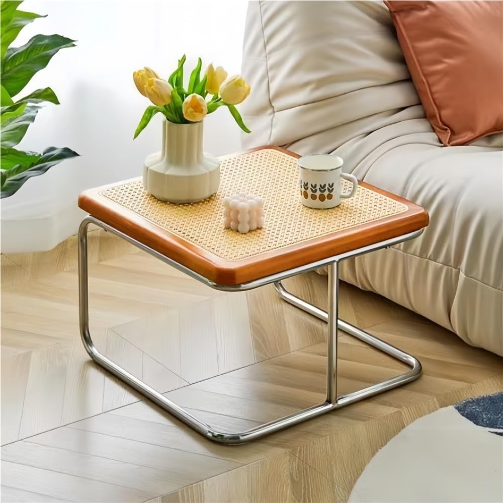 Square Nesting Coffee Table Set of 2 Wooden Rattan Glass Brown C2398