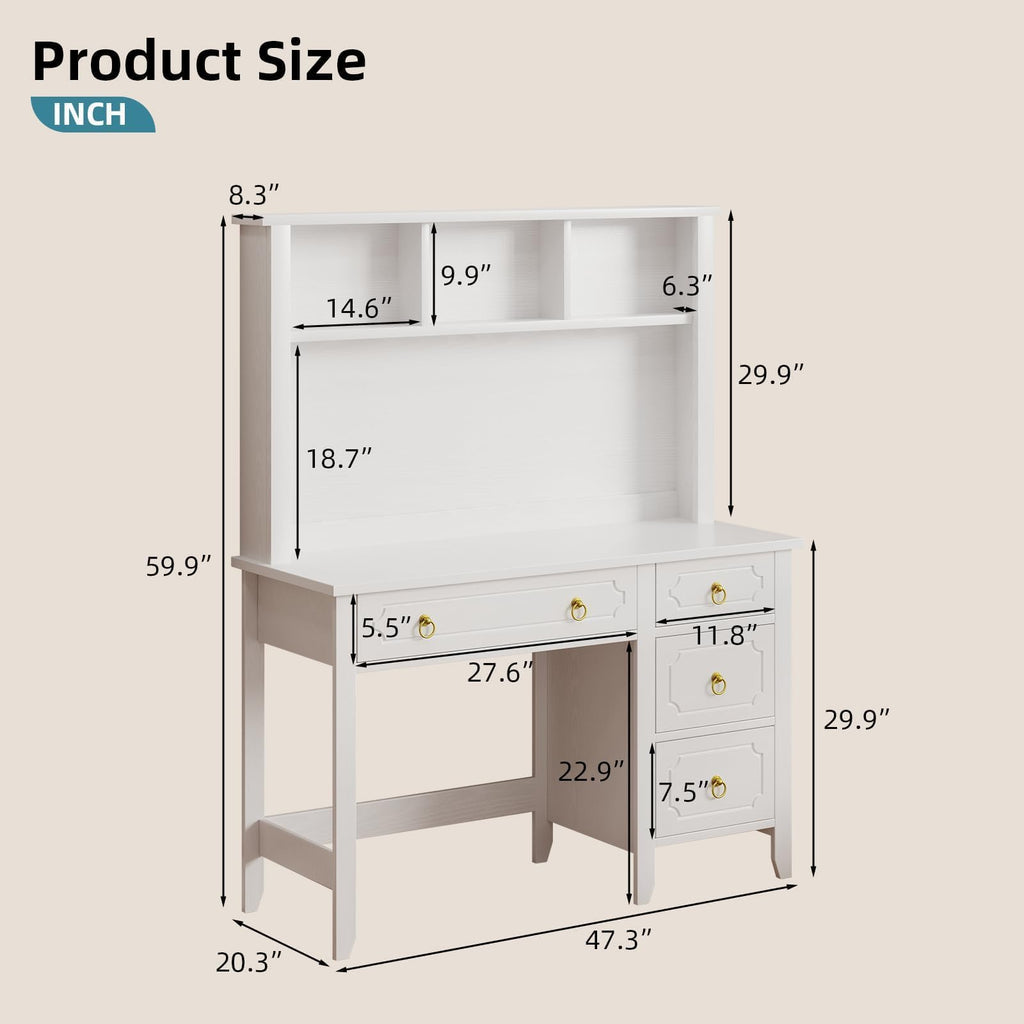 47" White and Gold Desk with Hutch and 4 Drawers J670400