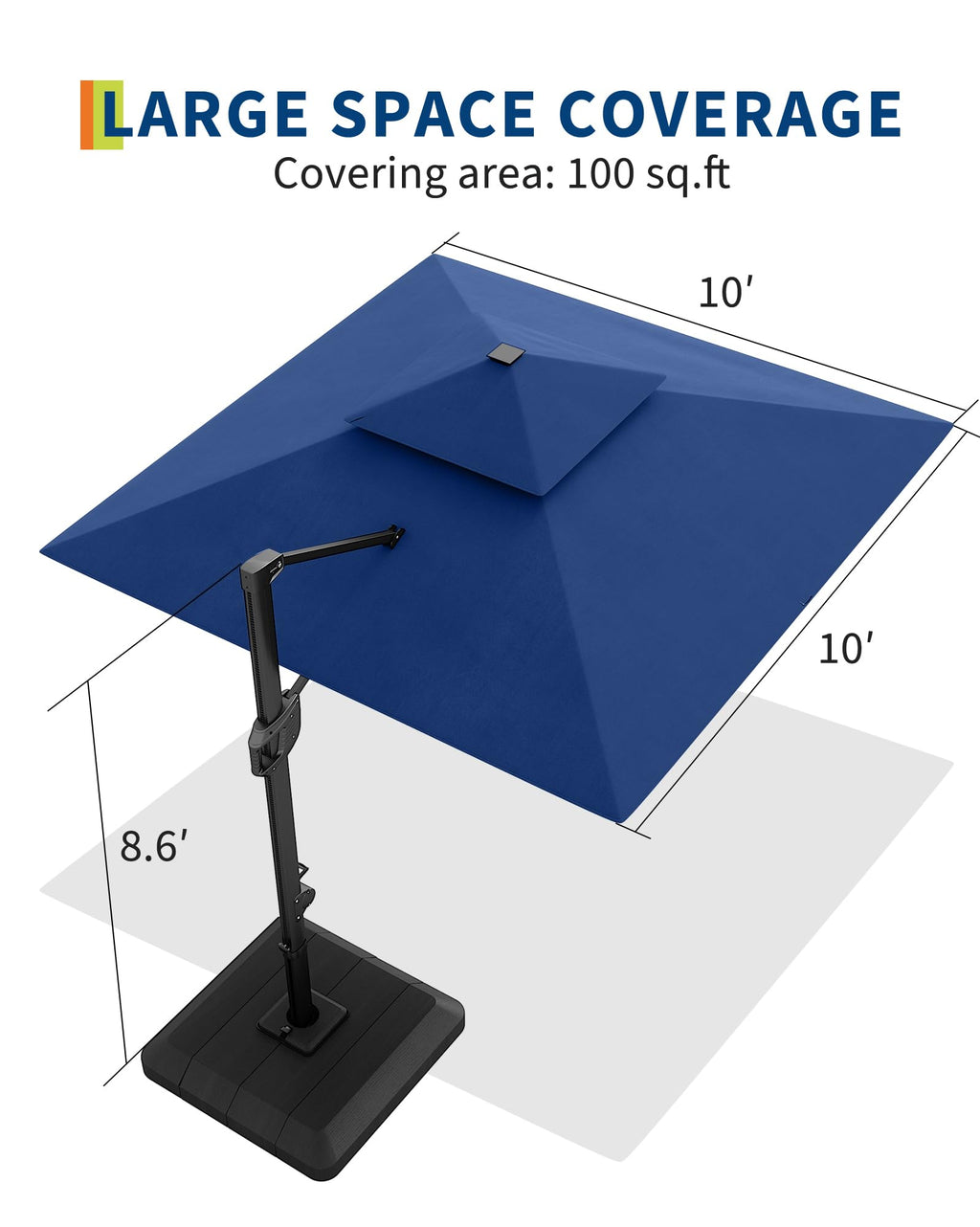10 ft Navy Blue Solar Cantilever Patio Umbrella with Base C6350