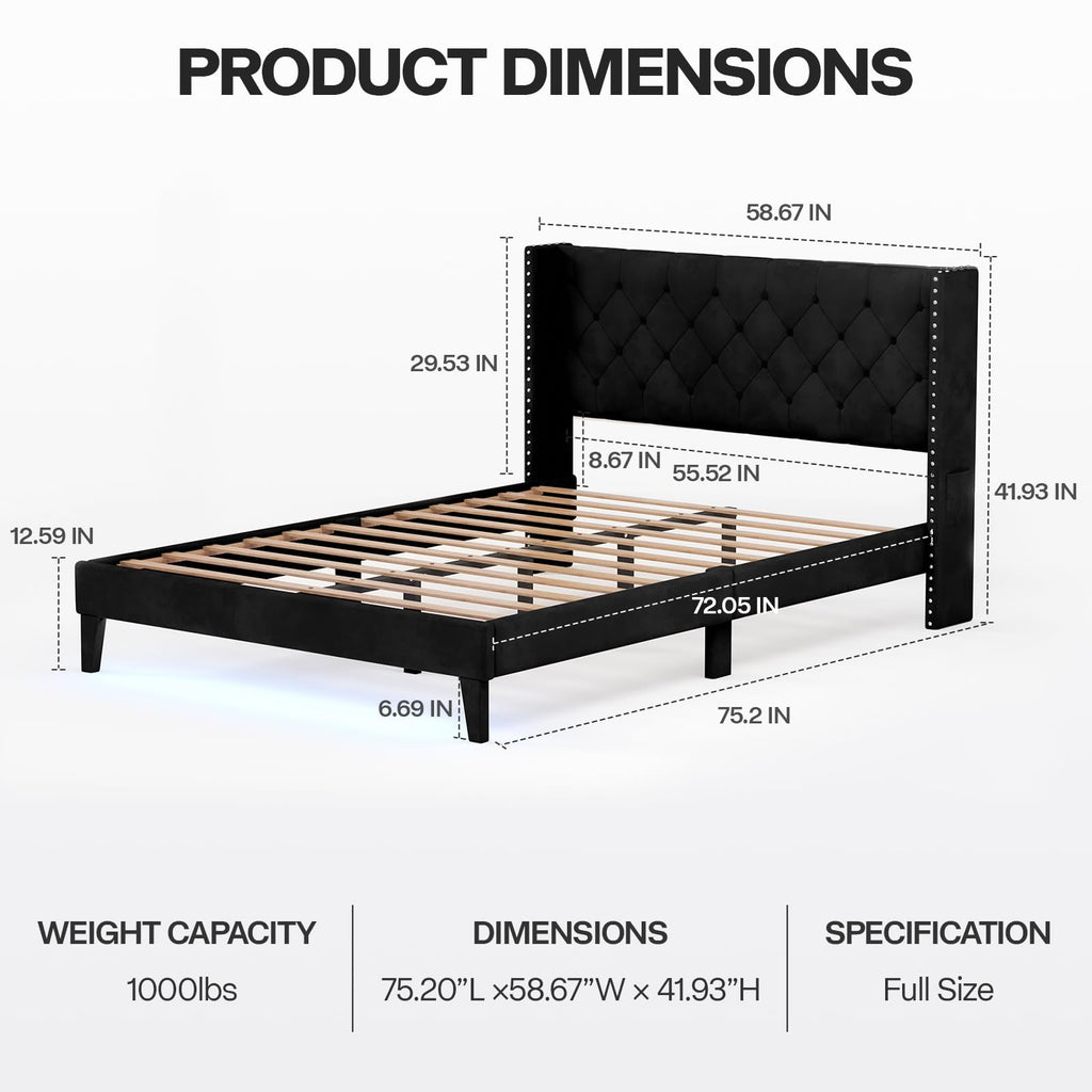 Black Velvet Upholstered Platform Bed Frame with Wingback Headboard B88207