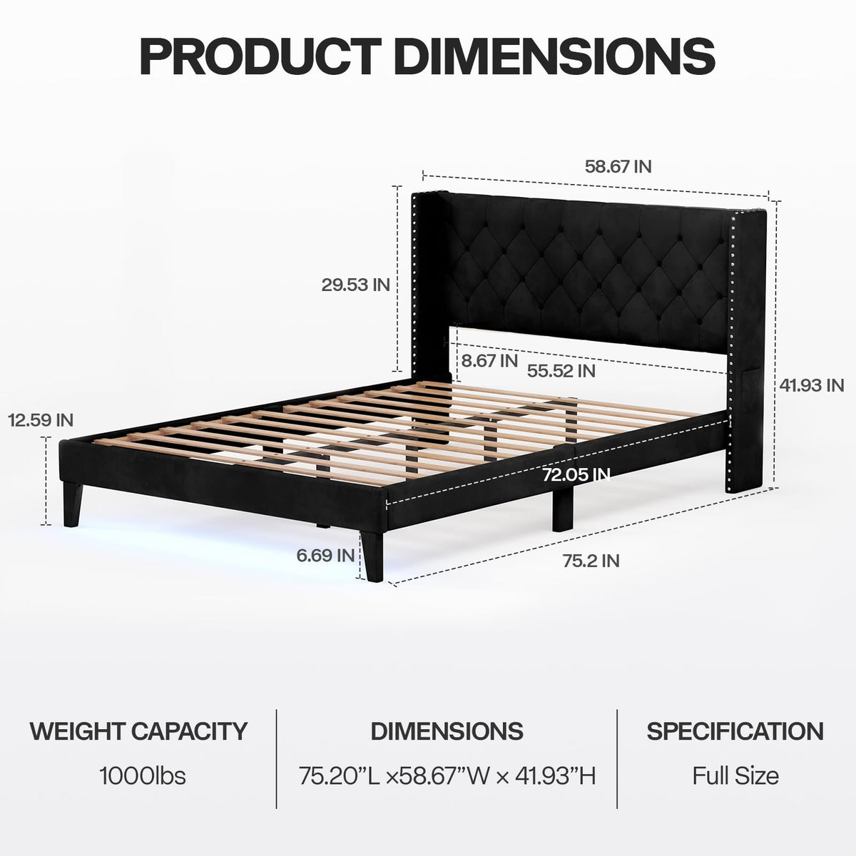 Black Velvet Upholstered Platform Bed Frame with Wingback Headboard B88207