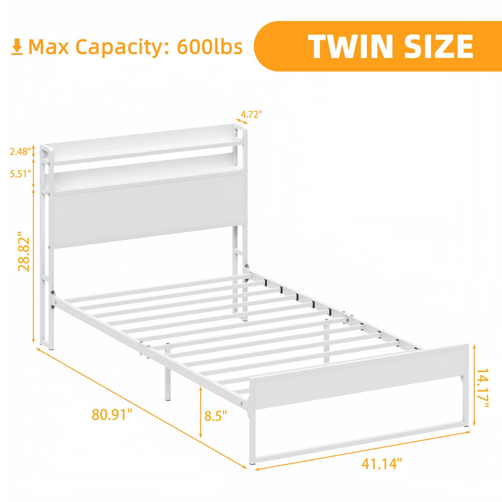 White Metal Twin Bed Frame with 2-Tier Storage Headboard H45689