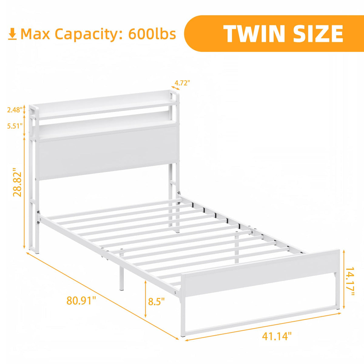 White Metal Twin Bed Frame with 2-Tier Storage Headboard H45689