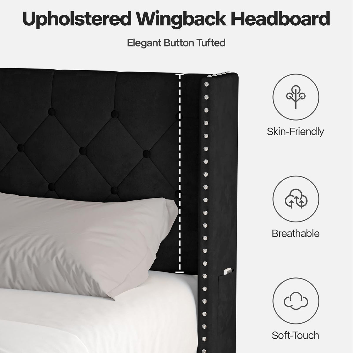 Black Velvet Upholstered Platform Bed Frame with Wingback Headboard B88207