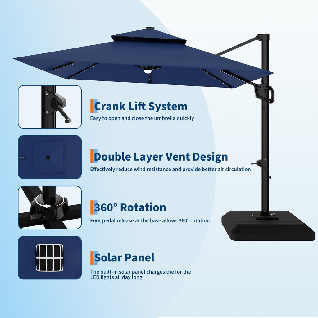 10 ft Navy Blue Solar Cantilever Patio Umbrella with Base C6350