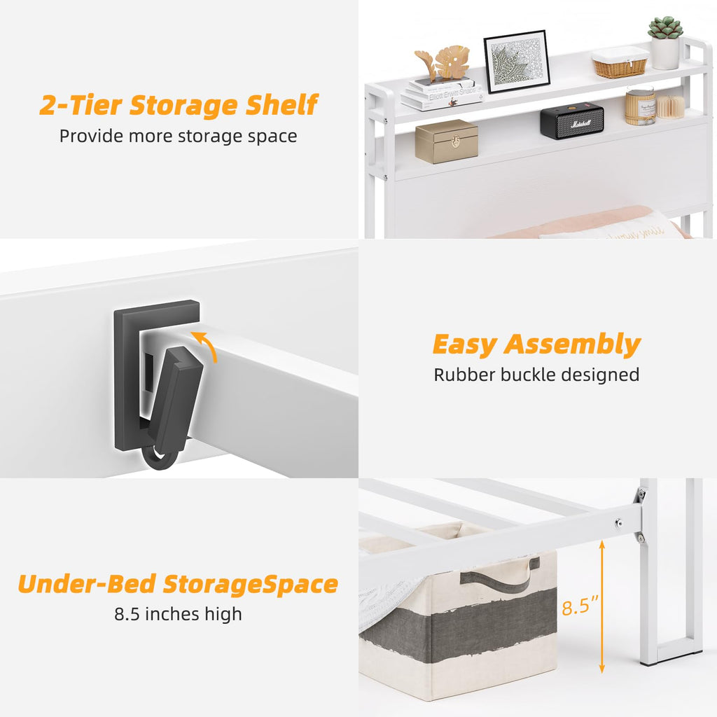 White Metal Twin Bed Frame with 2-Tier Storage Headboard H45689