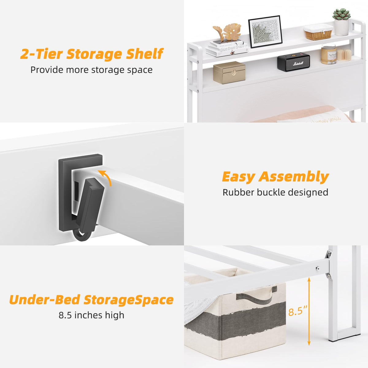 White Metal Twin Bed Frame with 2-Tier Storage Headboard H45689