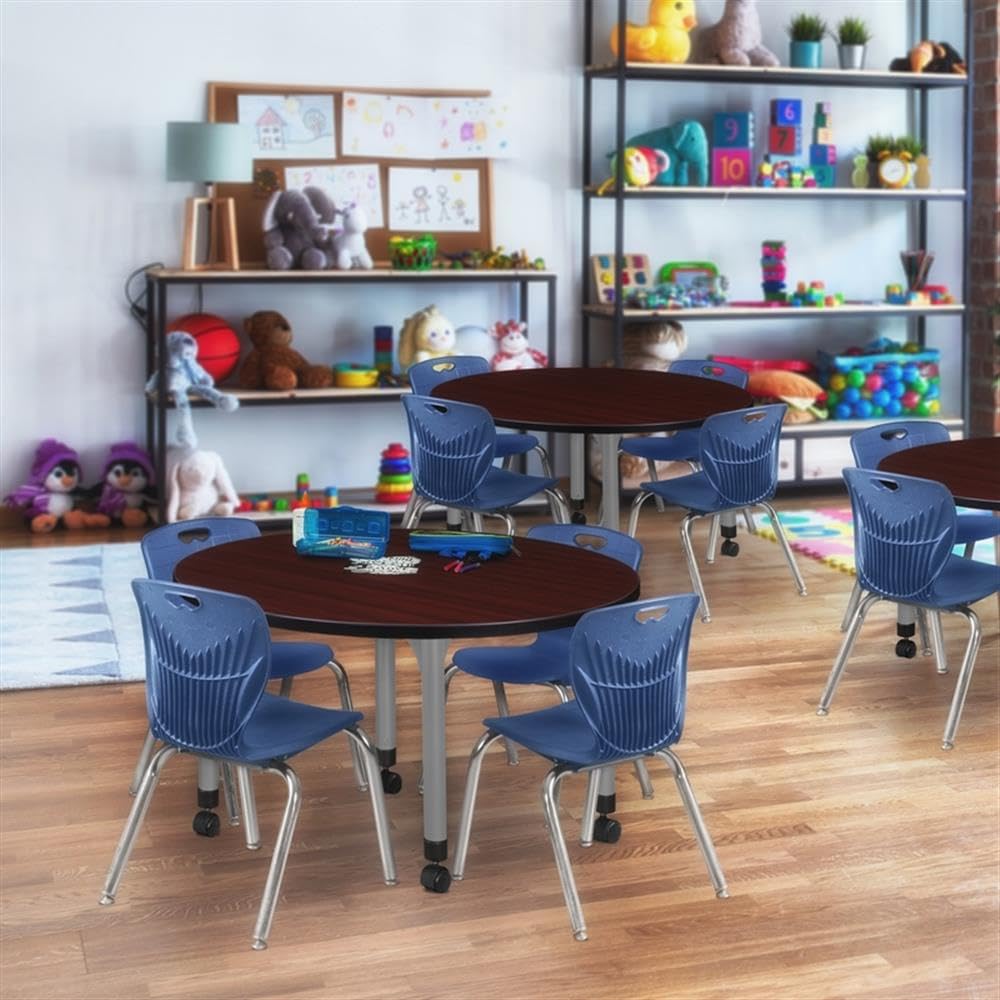 36" Round Mobile Mahogany Table with 4 Navy Blue Stack Chairs G7862