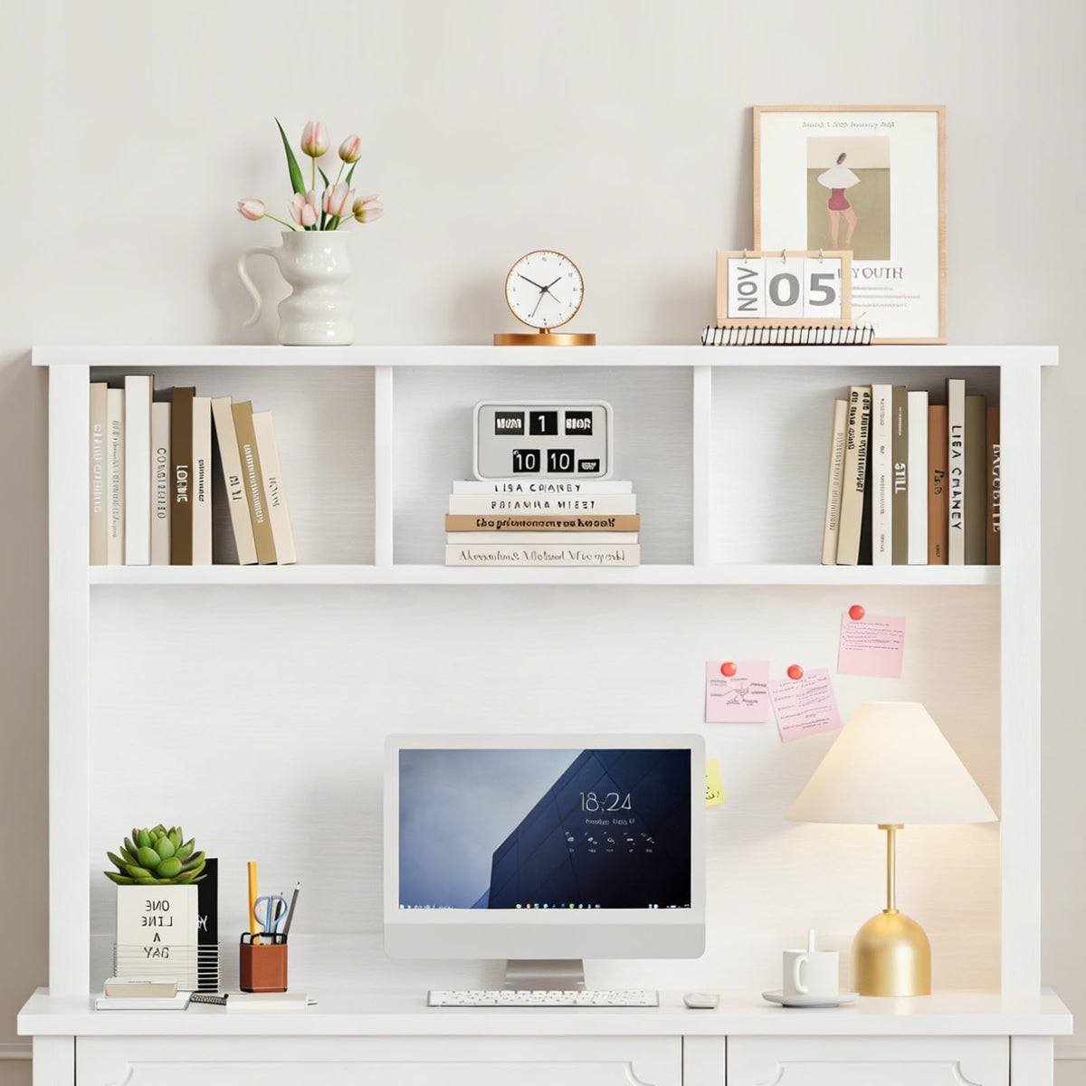 47" White and Gold Desk with Hutch and 4 Drawers J670400