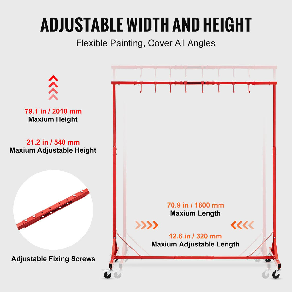 Adjustable Height 66 lbs Capacity Painting Rack with 8 Hooks and 4 Swiveling Wheels O437