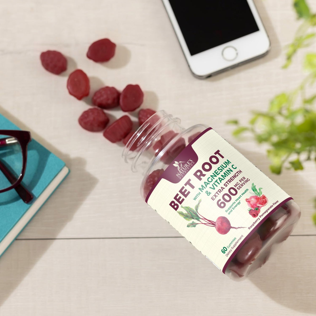 Beet Root Gummies with Beetroot Powder & Vitamin C, Berry Flavored, 60 Gummies X71506