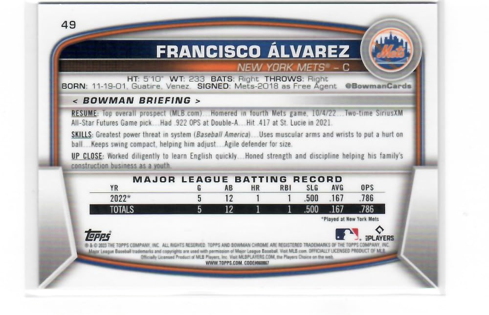 2023 Bowman Chrome Mega Box Mojo Refractor Red #49 Francisco Alvarez RC Baseball Card L190598