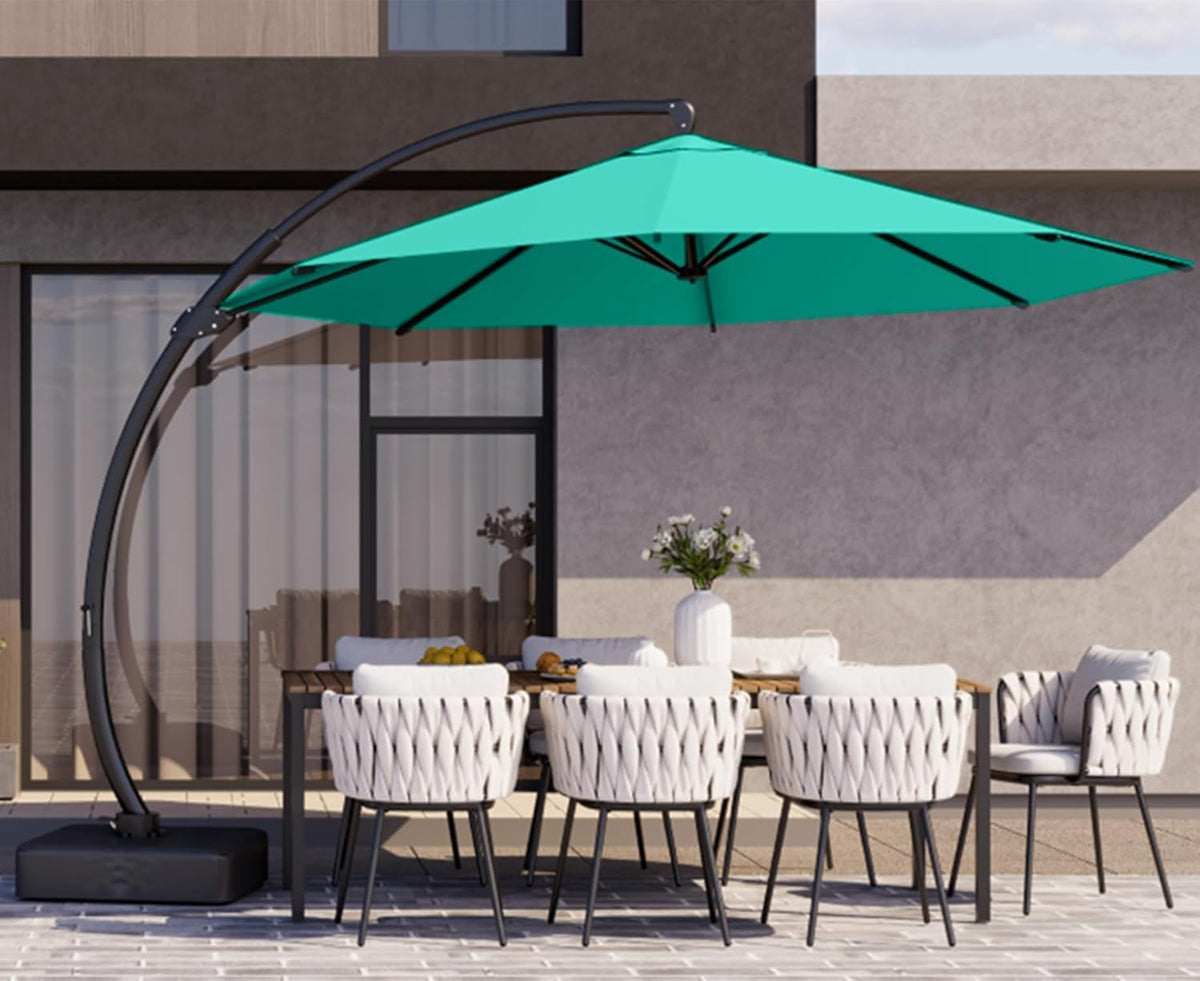 11ft Turquoise Blue Offset Cantilever Patio Umbrella with Base M815