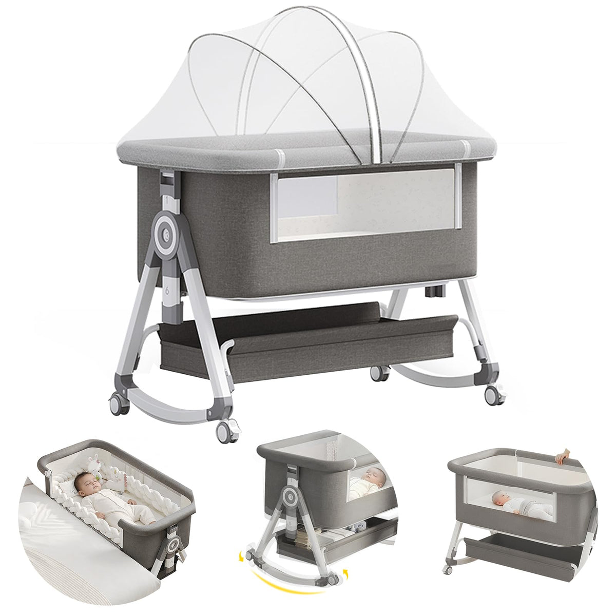 4 in 1 Baby Bassinet Bedside Sleeper with Wheels and Mattress F482