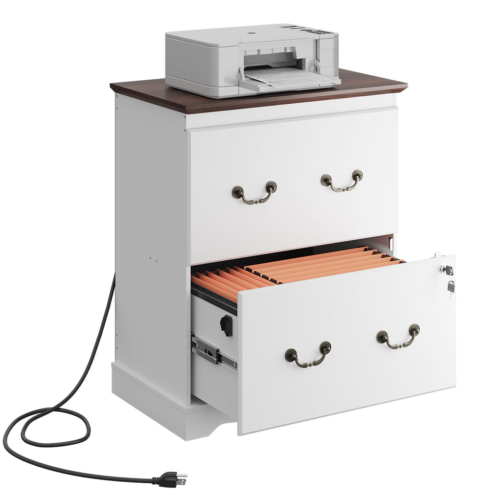 White 2 Drawer Wood File Cabinet with Charging Station and Lock B2463