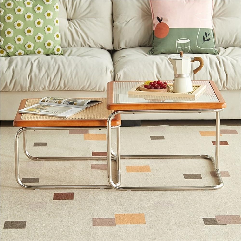 Square Nesting Coffee Table Set of 2 Wooden Rattan Glass Brown C2398