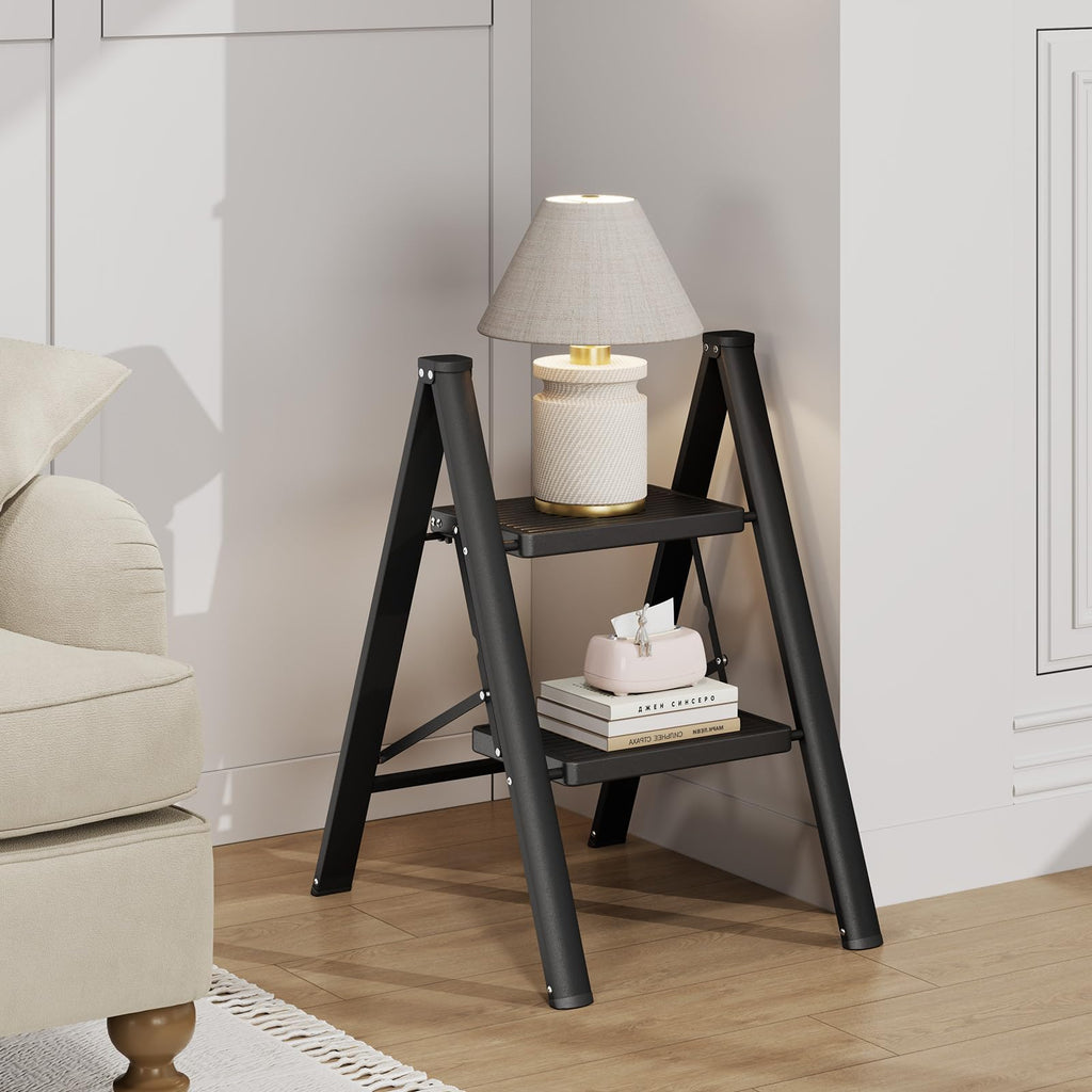 2 Step Folding Ladder with Non-Slip Wide Pedals and Safety Lock, Black J5243