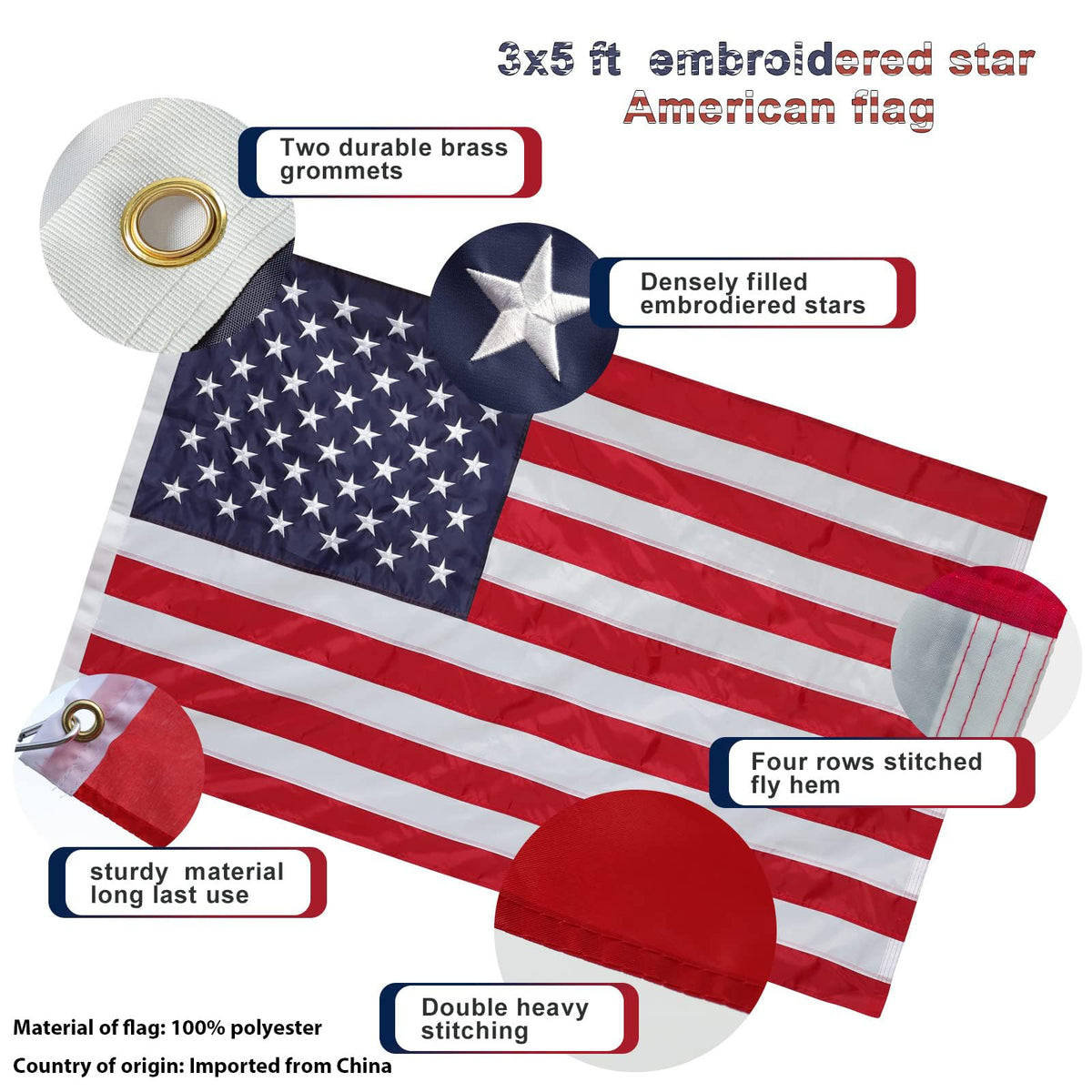 5ft Heavy Duty Tangle Free Flag Pole Kit with 3x5 Embroidered American Flag C938958