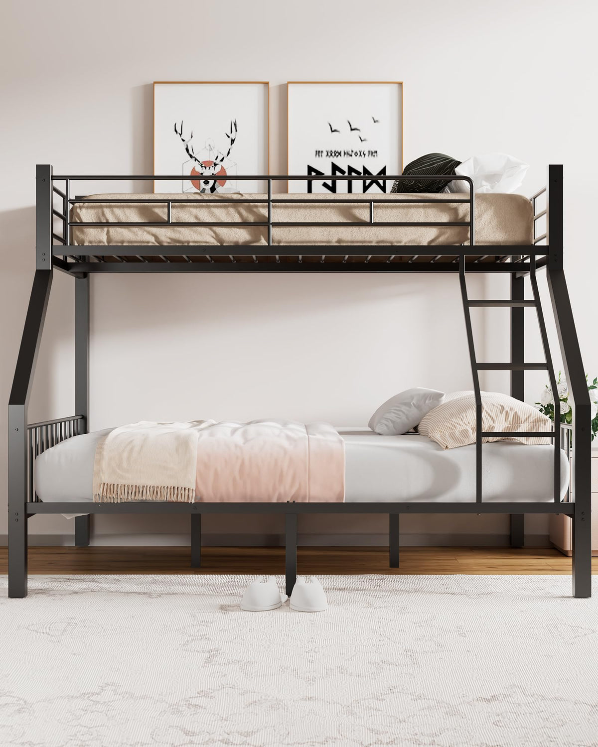 Twin XL Over Queen Bunk Bed with Ladder and Guardrails G46839