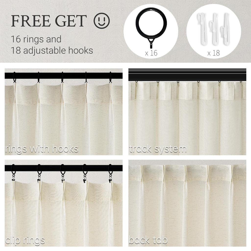 132 Inch Pinch Pleated Linen Curtains 2 Panels Natural Semi Sheer K5303