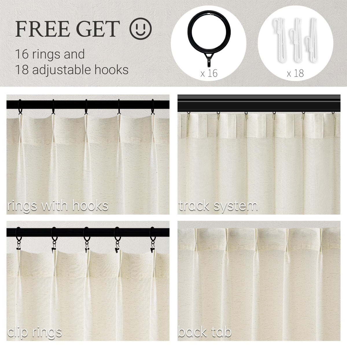 132 Inch Pinch Pleated Linen Curtains 2 Panels Natural Semi Sheer K5303