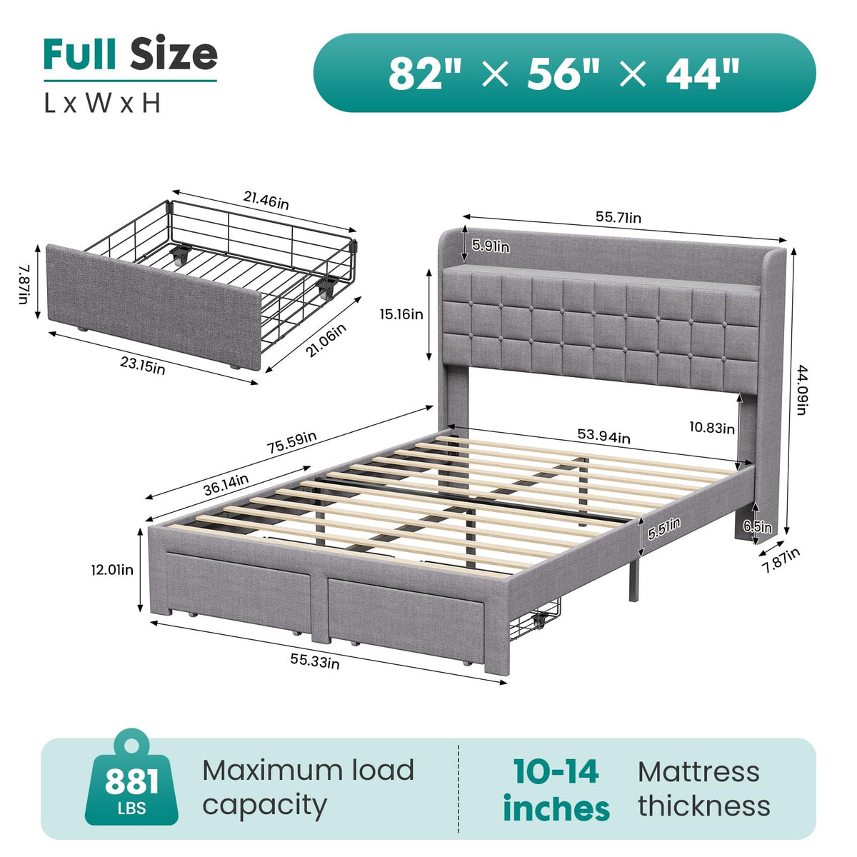 Full Upholstered Platform Bed Frame with Storage Drawers Y247700