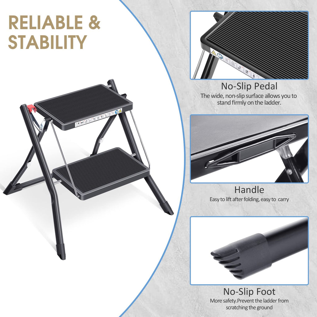 Folding Step Ladder, 2 Step Step Stool with Handle, Black A35041