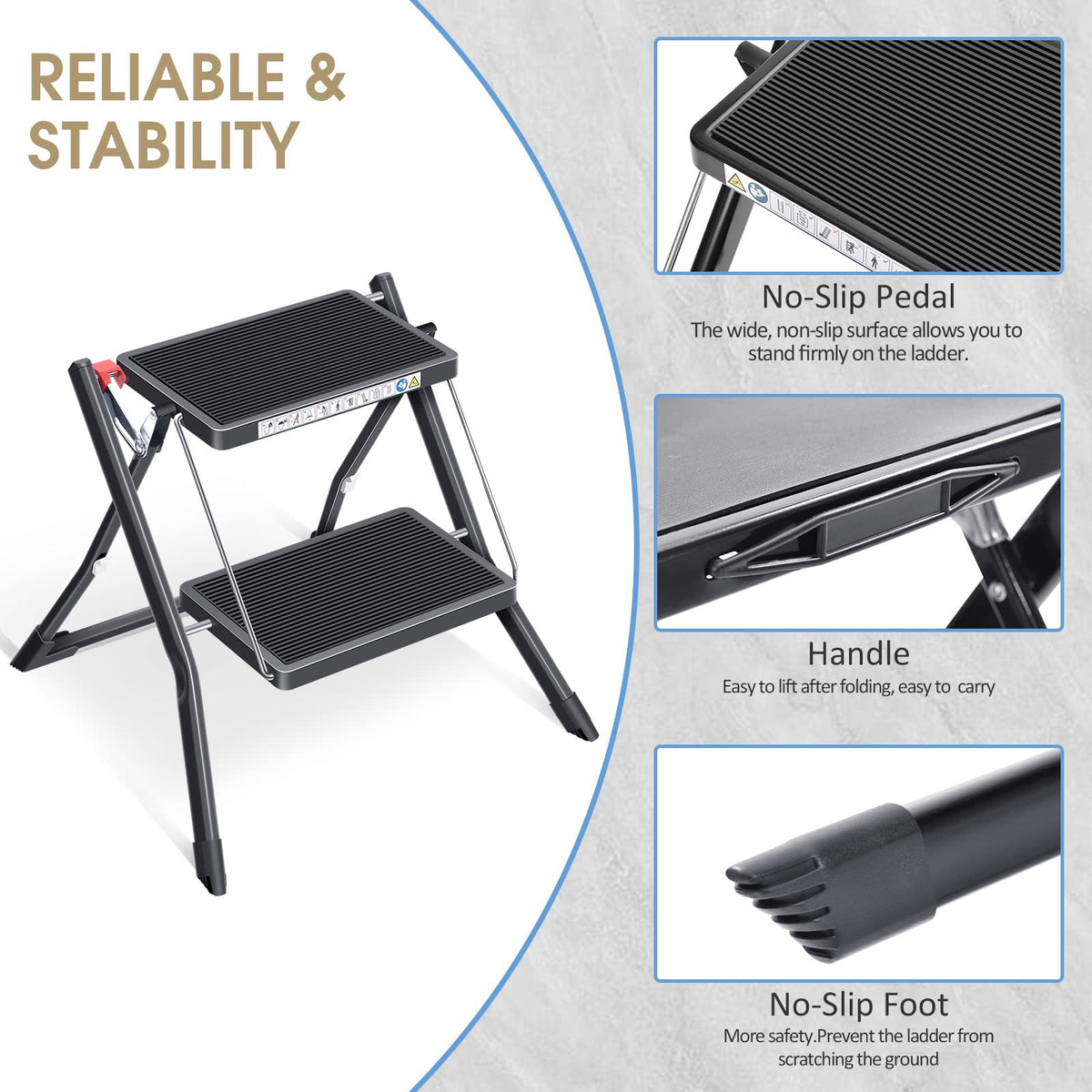 Folding Step Ladder, 2 Step Step Stool with Handle, Black A35041