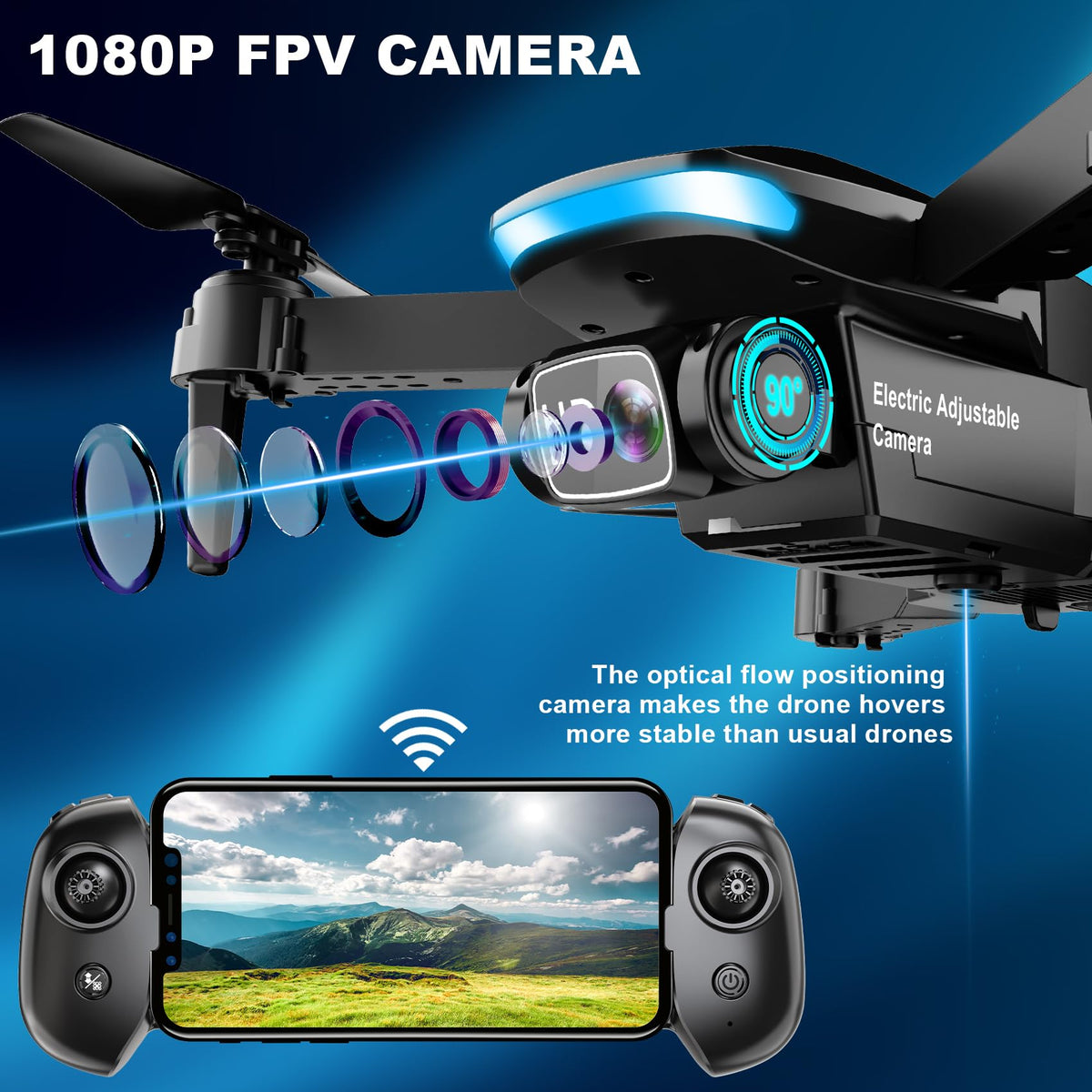 1080P HD Foldable Drone with Camera, 2 Batteries, Carrying Case G1476