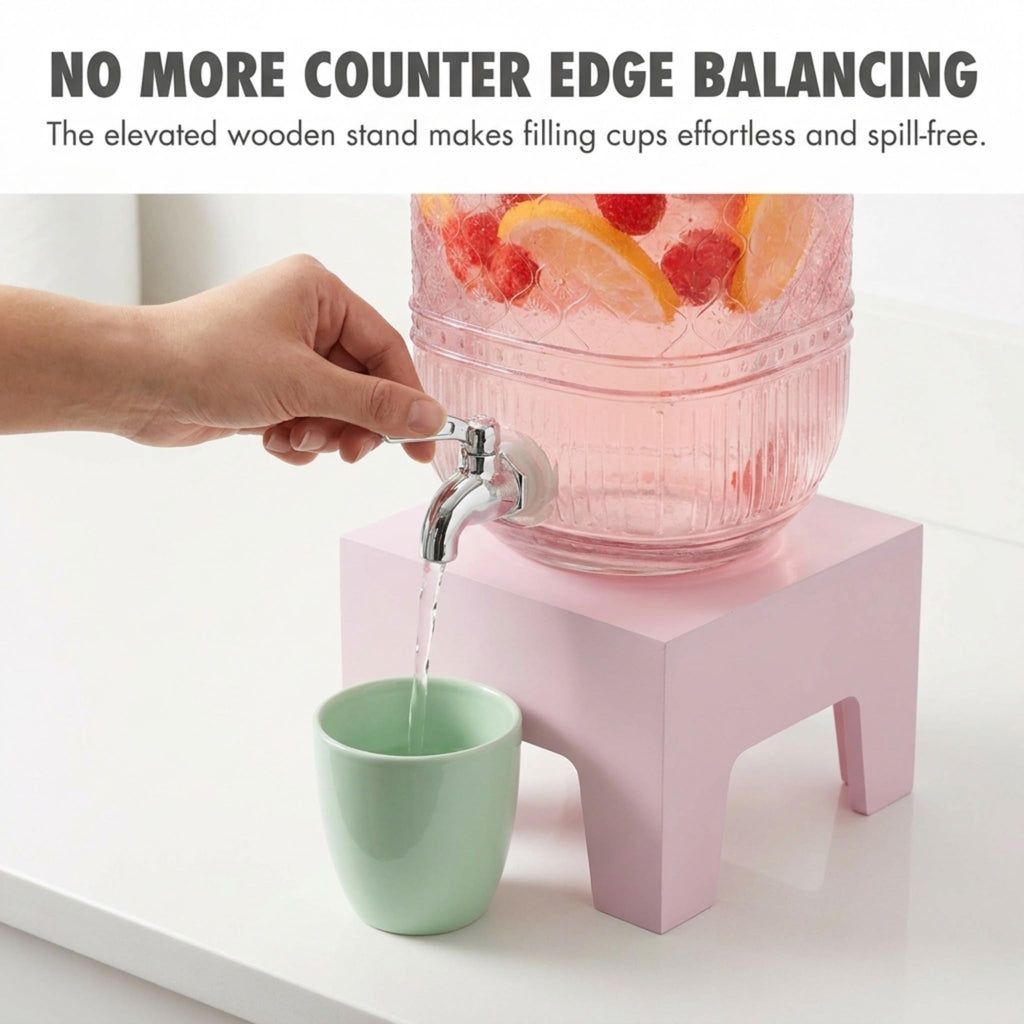 Pink Glass Beverage Dispenser with Wooden Stand, 1 Gallon L400