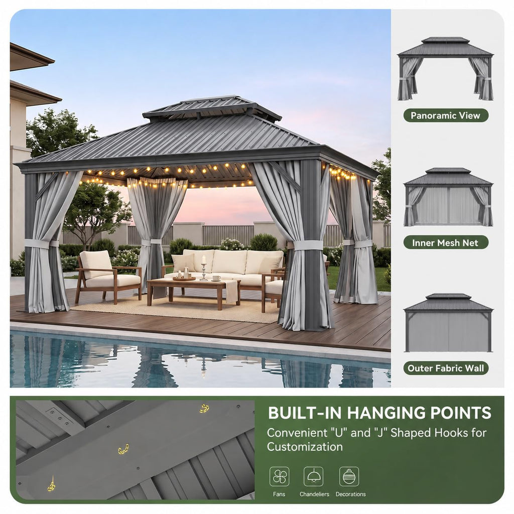 10x14 FT Hardtop Gazebo with Galvanized Steel Double Roof and Aluminum Frame P7241
