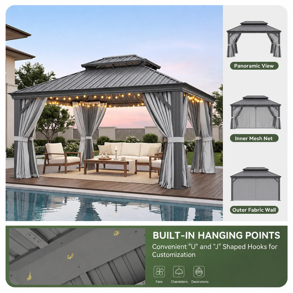 10x14 FT Hardtop Gazebo with Galvanized Steel Double Roof and Aluminum Frame P7241