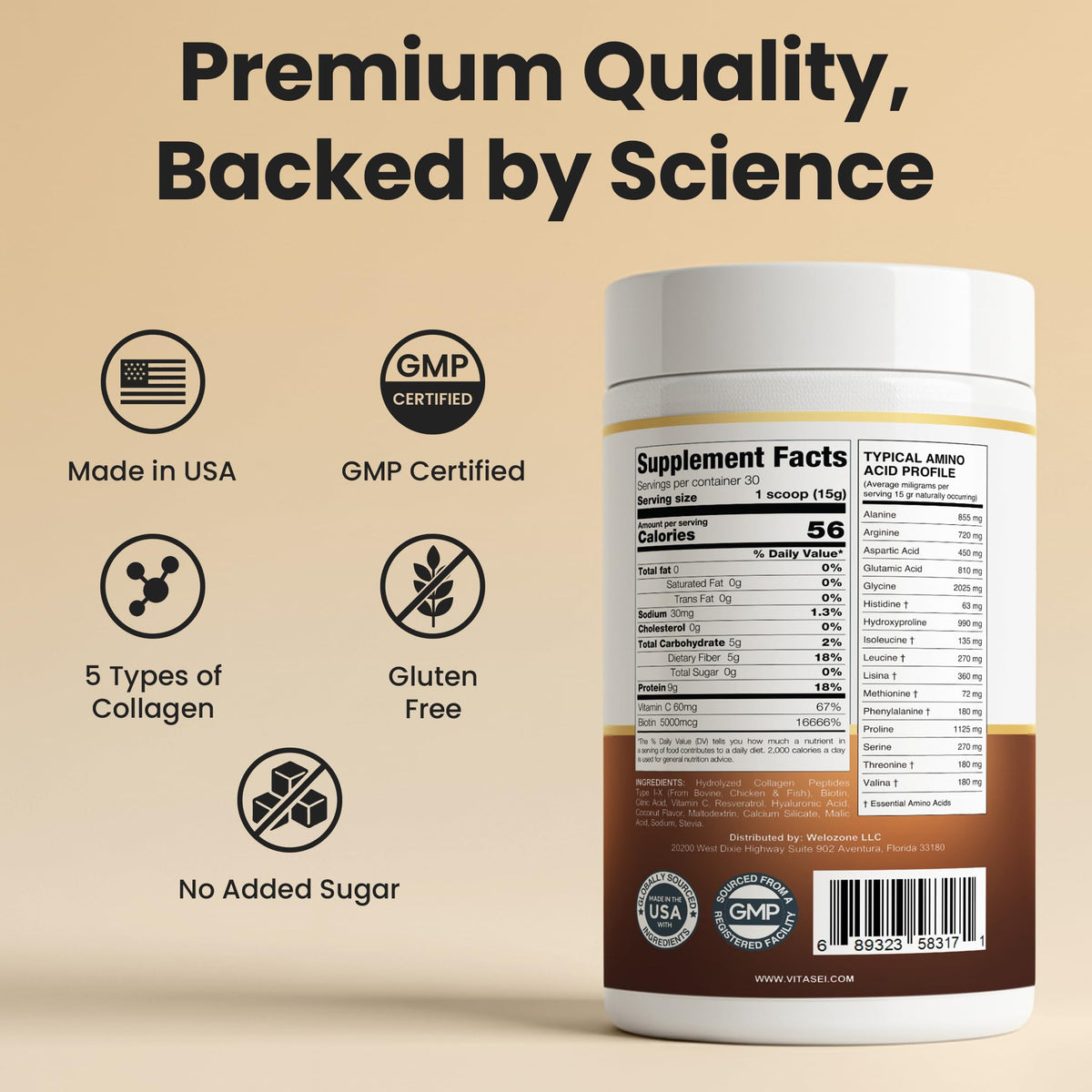 Hydrolyzed Collagen Peptide Powder Drink Chocolate Flavored 16oz C9227