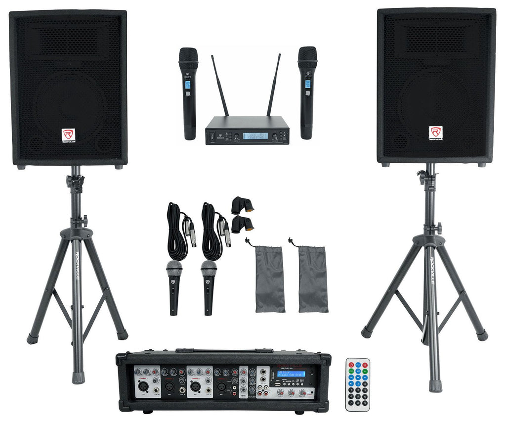 10" PA Speaker Pair with Mixer and Wireless Mics W354106