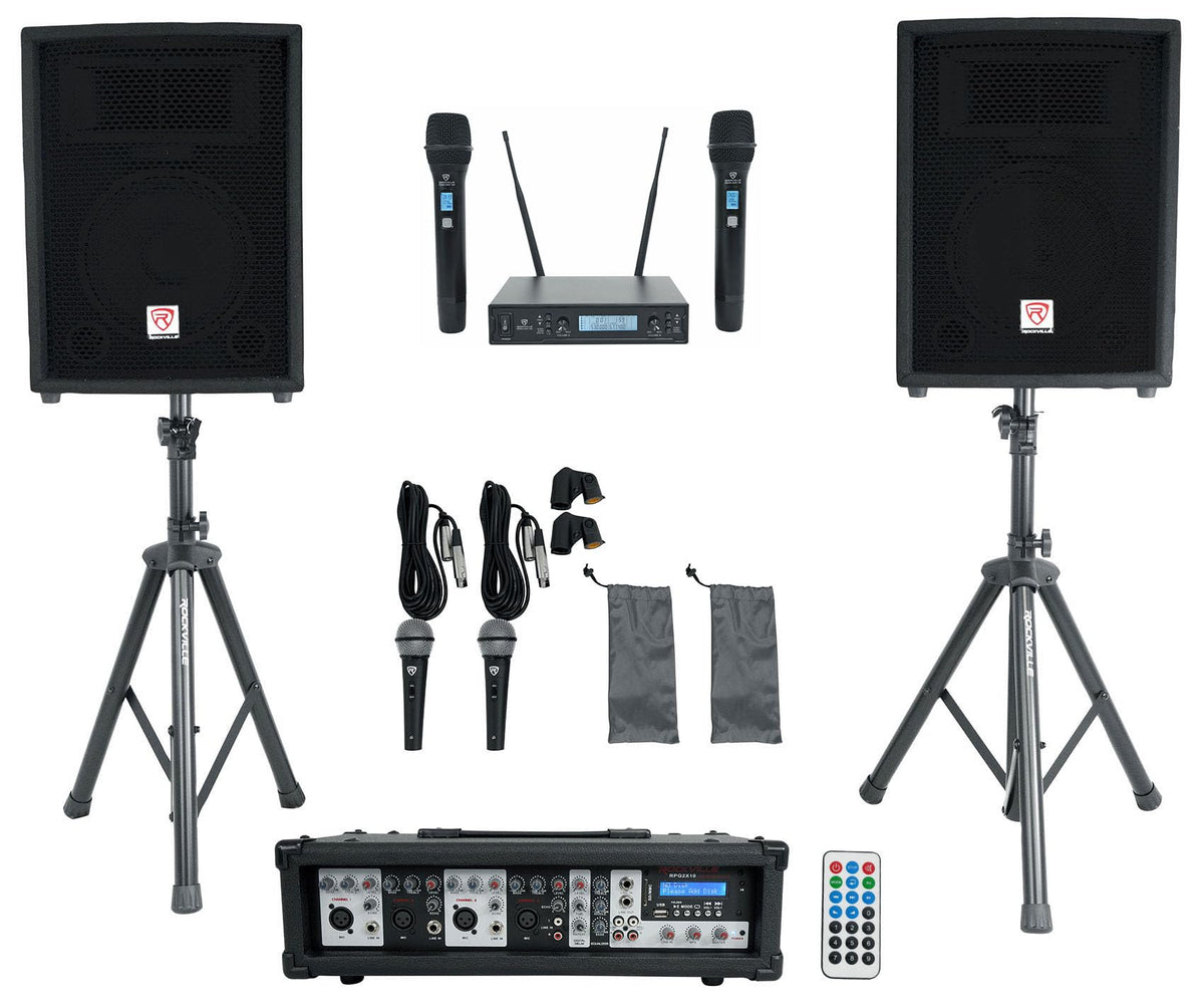 10" PA Speaker Pair with Mixer and Wireless Mics W354106