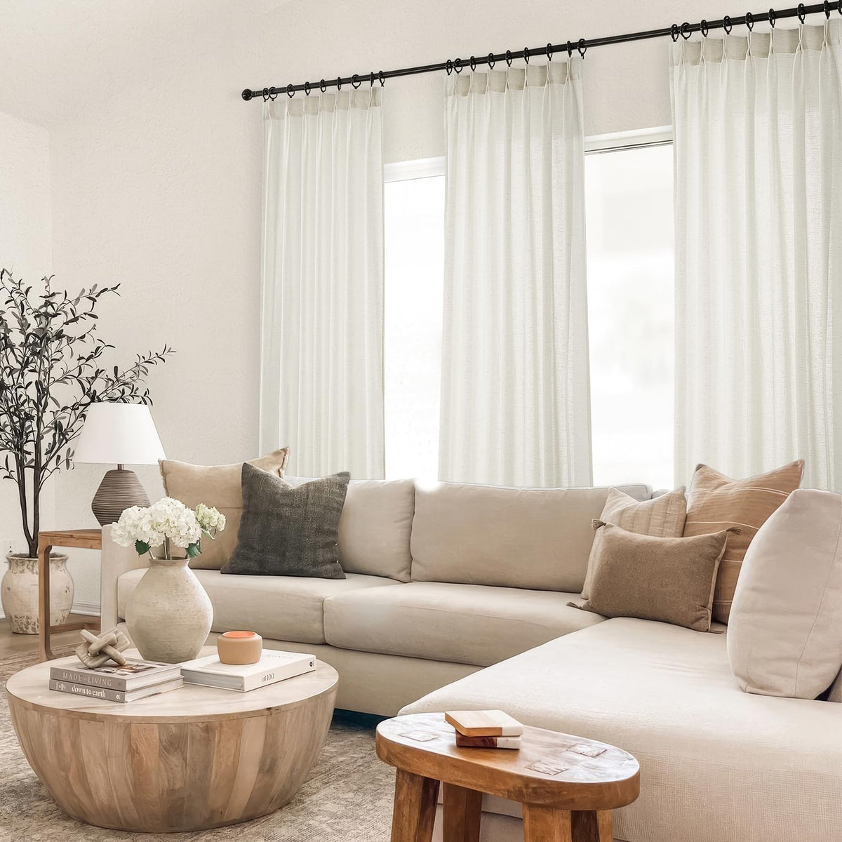 132 Inch Pinch Pleated Linen Curtains 2 Panels Natural Semi Sheer K5303