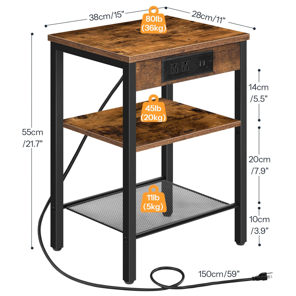 Side Table with Charging Station and USB Port, 3-Tier Nightstand with Adjustable Shelf, Rustic Brown V79002