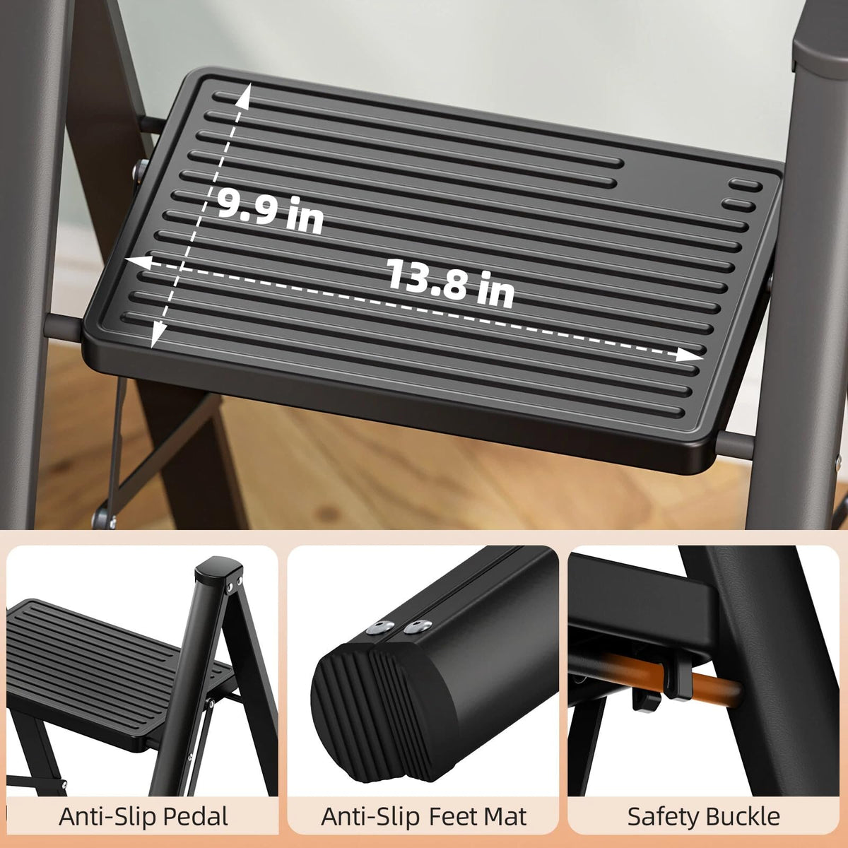 2 Step Folding Ladder with Non-Slip Wide Pedals and Safety Lock, Black J5243